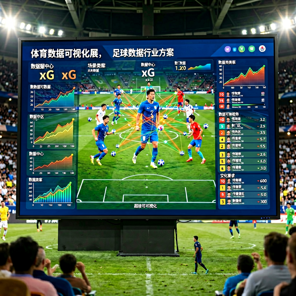 体育数据可视化展示，大屏幕呈现比赛统计图表和实时数据